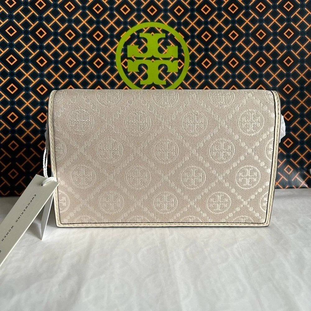 Tory Burch T Monogram Chain Wallet Crossbody Bag Ivory Gold Tan Cream Neutral